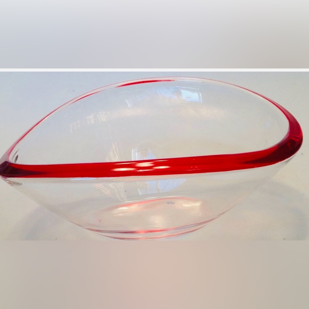 Walther Glas Germany Art Glass Clear Bowl Red Rim Abstract Oval Vintage